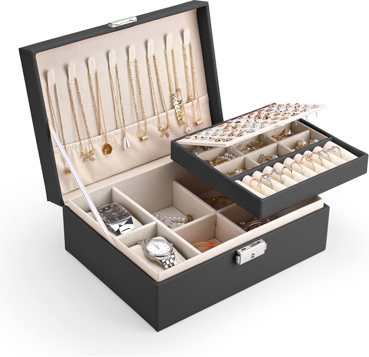 Sieradenkistje voor Meisjes en Dames - 2 Lagen, PU-Leer, Afsluitbare Sieradenopslag voor Ringen, Oorbellen, Armbanden, Kettingen en Horloges - Zwart
