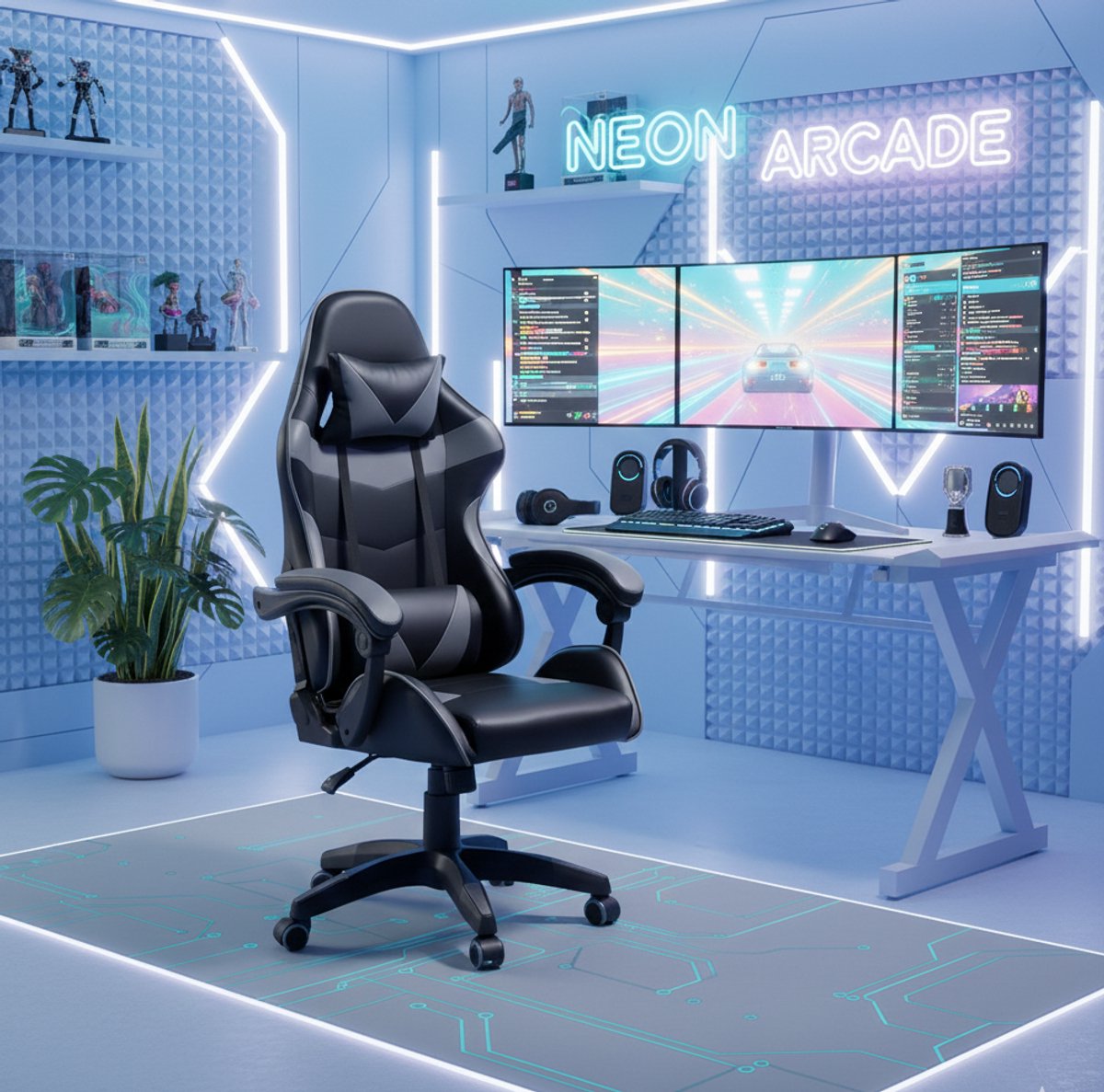 Gaming Bureaustoel Ergonomisch – Verstelbare Armleuningen, Kantelbaar & 360° Draaibaar, Hoofdsteun + Lendenkussen, Luxe Kunstleer, 150kg Draagkracht – Grijs/Zwart – House&Garden