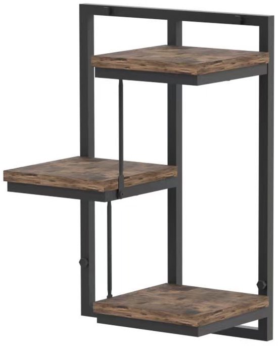 Wandrek met drie verweerde houten planken aan een zwart metalen frame.