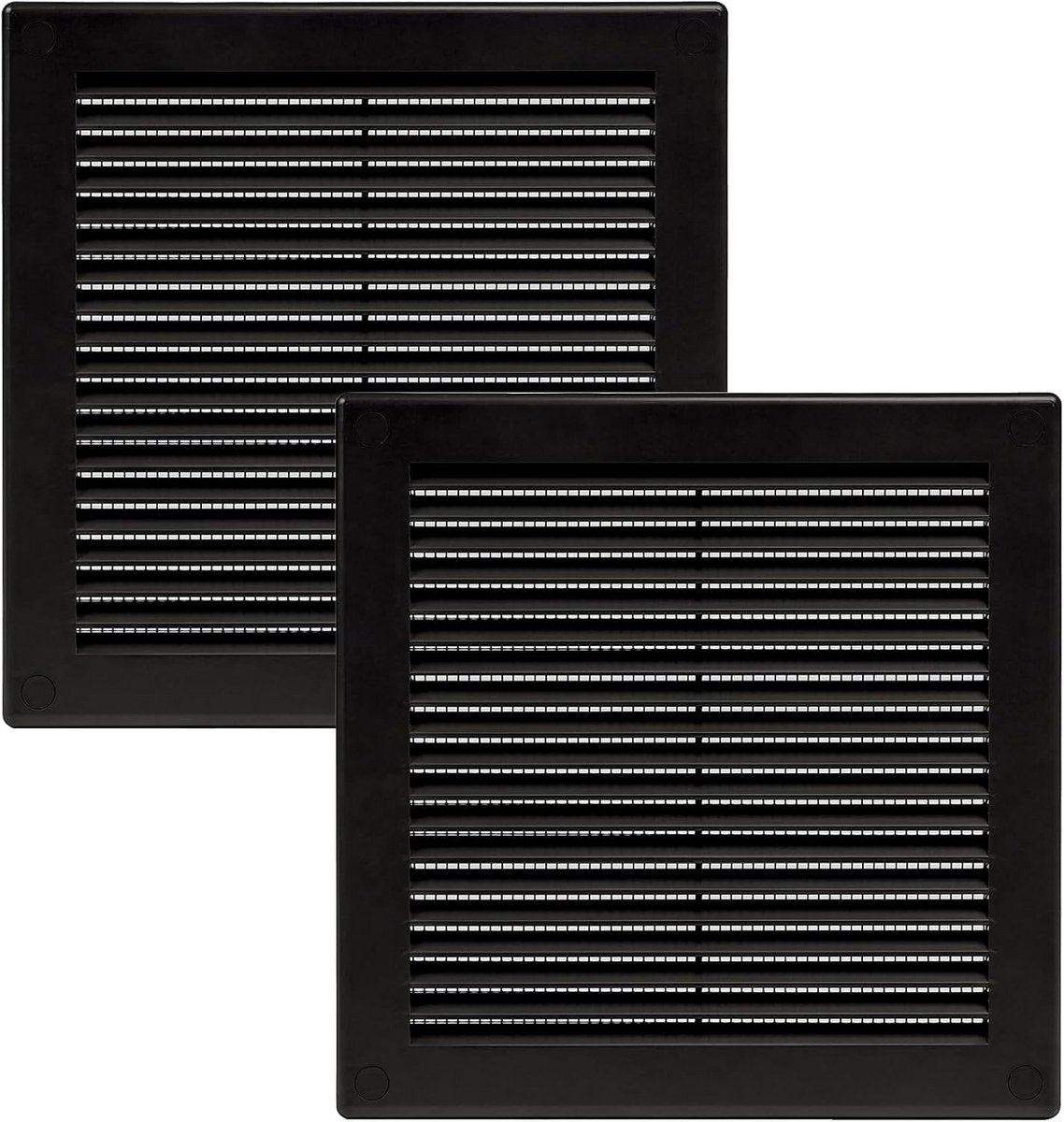 Zwarte Vierkante Ventilatieopening 200x200mm (2 Stuks) met Vliegengaas - Ideaal voor Badkamer en Kantoor
