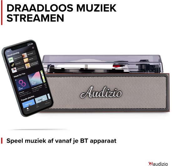 Retro platenspeler met houtlook naast een smartphone met muziekapp. Tekst: 'Draadloos muziek streamen'.