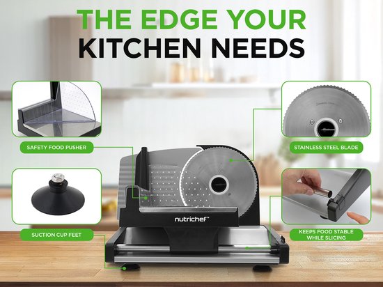 Nutrichef Vleessnijmachine - 200W - Automatische Vlees- en Broodsnijder - Dikte Vestelbaar 0-15mm - Zwart/Zilver — afbeelding 3