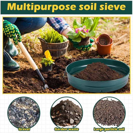 4 stuks - grote grondzeef - grondzeef voor tuinieren - groene grondzeef - voor tuinieren met zeefgaas van 3, 6, 9 en 12 mm - voor aarde, zand, stenen, pellets en grind - groen - 30cm van Merkloos	 — afbeelding 2
