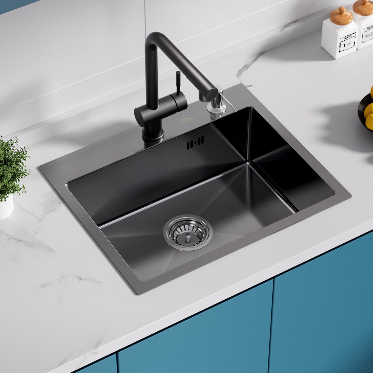 Auralum max Spoelbak 55 x 45cm - Spoelbak Keuken RVS - Spoelbak Met Kraangat - Spoelbakken Keuken Met Zeepdispenser - Spoelbak met Afdruipgedeelte - Antraciet