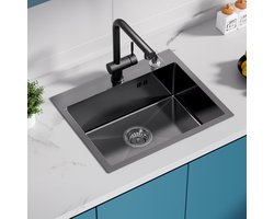 Auralum max Spoelbak 55 x 45cm - Spoelbak Keuken RVS - Spoelbak Met Kraangat - Spoelbakken Keuken Met Zeepdispenser - Spoelbak met Afdruipgedeelte - Antraciet