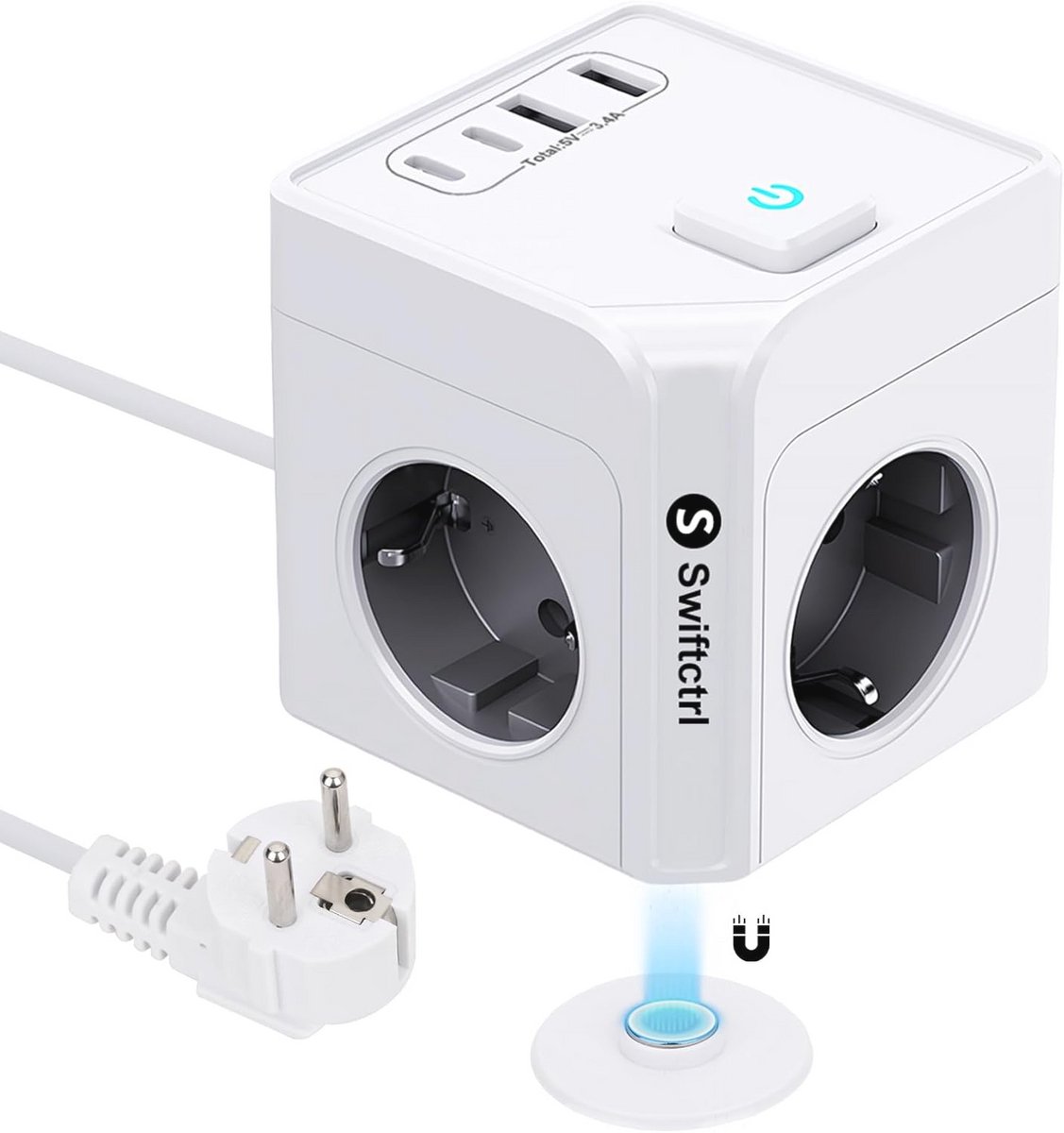 6-in-1 Stekkerkubus met 3 Schuko-stopcontacten en 4 USB-poorten - Magnetische Bevestiging