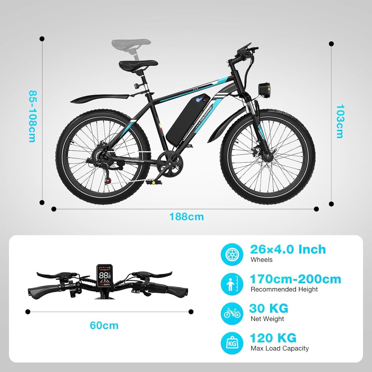 COLORWAY Elektrische Fiets BK15 - 26*4.0 Inch Mountain EBike met Afneembare 48V 15Ah Lithium Batterij - City Commuter E-Bike met 250W Motor - 7 Versnellingen - IP54 Waterdicht – foto 4