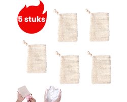5-delige set - Katoen-linnen schuimende mesh zeepzakjes - Handgemaakte zeepzakjes - Zeepzakjes met trekkoord voor de badkamer - Geknoopt model - Beige