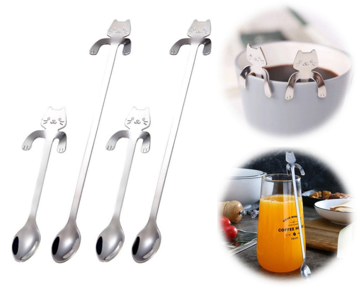 Set van 4 Hangende Kat Theelepel - Theelepels - kattenlepels - RVS - voor koffie, thee, desserts, drankjes en milkshakes (zilver)