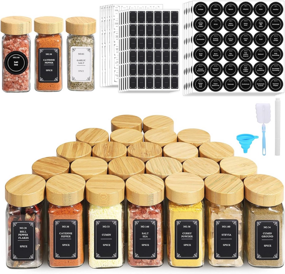 Spice Jars Set with Bamboo Lids - 24 Pieces, Ideal for Kitchen Organization