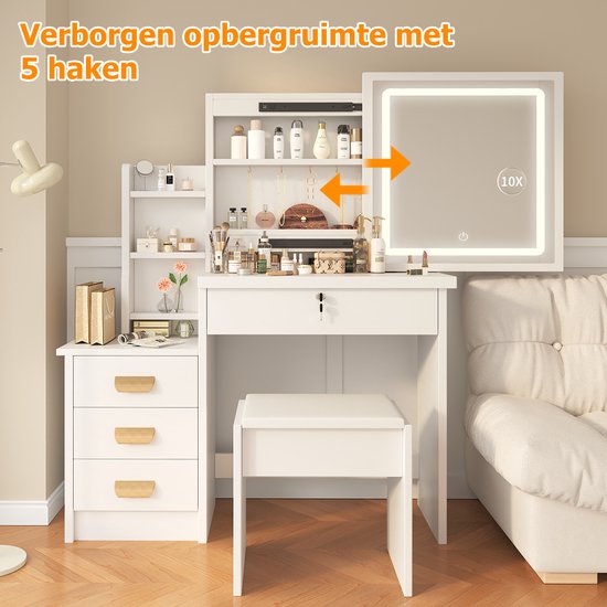 LEMROE Kaptafel met spiegel en gevoerde kruk, Make-up tafel met verstelbare verlichting, LED make-up tafel met laden (DR-0454