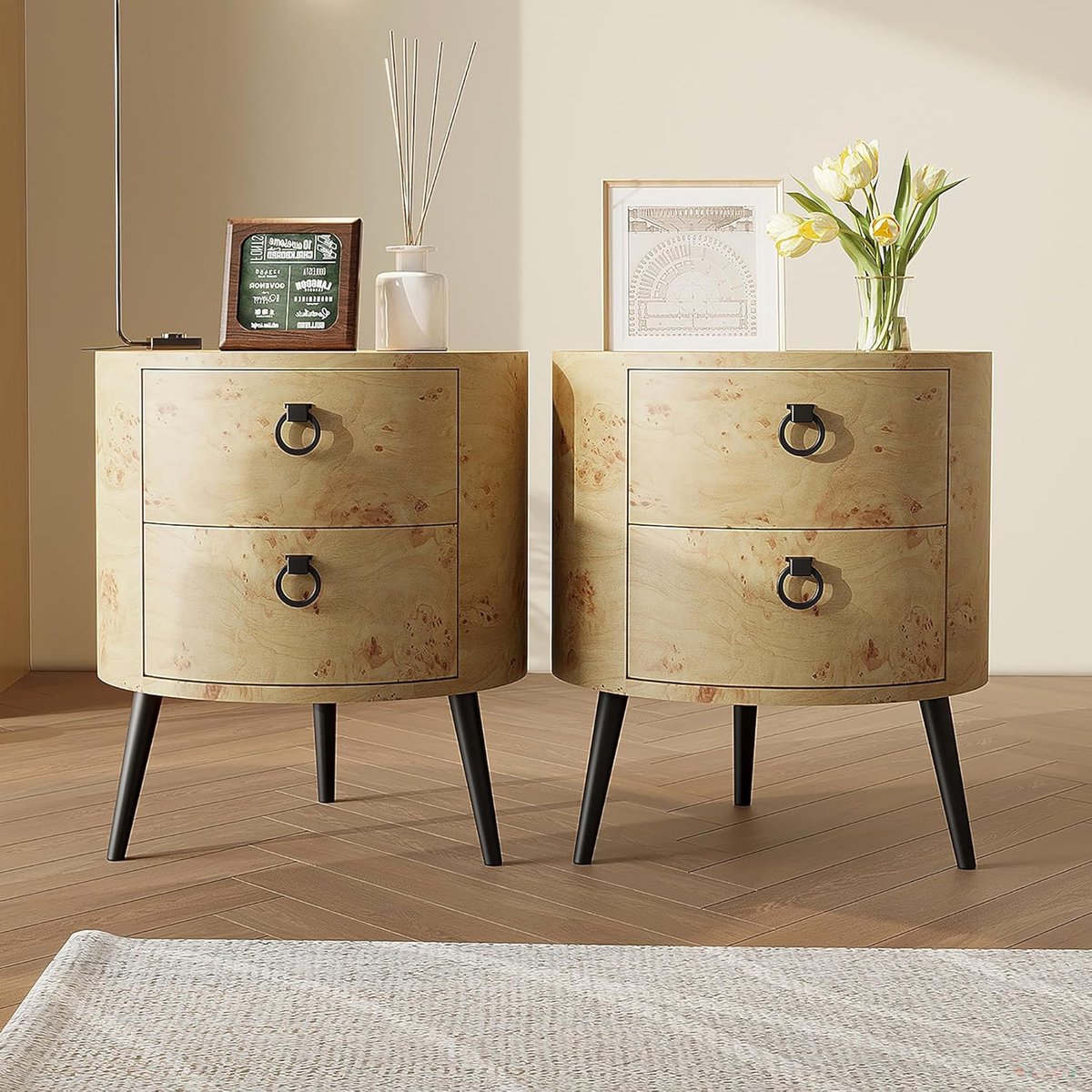 Set van 2 Ronde nachtkast met 2 lades - moderne bijzettafel van hout & metaal - landelijk design - 47 x 47 x 55 cm - voor slaapkamer & woonkamer