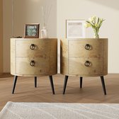 Set van 2 Ronde nachtkast met 2 lades - moderne bijzettafel van hout & metaal - landelijk design - 47 x 47 x 55 cm - voor slaapkamer & woonkamer