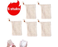 5-delige set - Katoen-linnen schuimende mesh tas - Handgemaakte zeeptas - Badkamer zeeptas met trekkoord - Met kralen - Beige