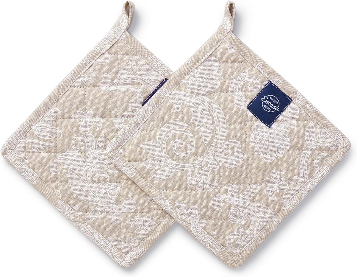 Set van 2 Hittebestendige Ovenwanten en Pannenonderzetters - Katoen - Beige - 21 cm