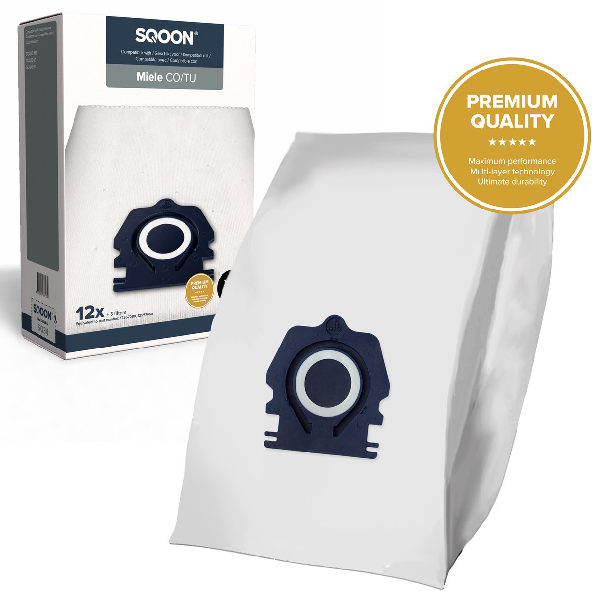 SQOON® Stofzuigerzakken - 12 STUKS - Geschikt Voor Miele Guard S1, M1 en L1 series - Gelijk aan model: CO / TU - High Filtration - Inclusief 3x Uitblaasfilters