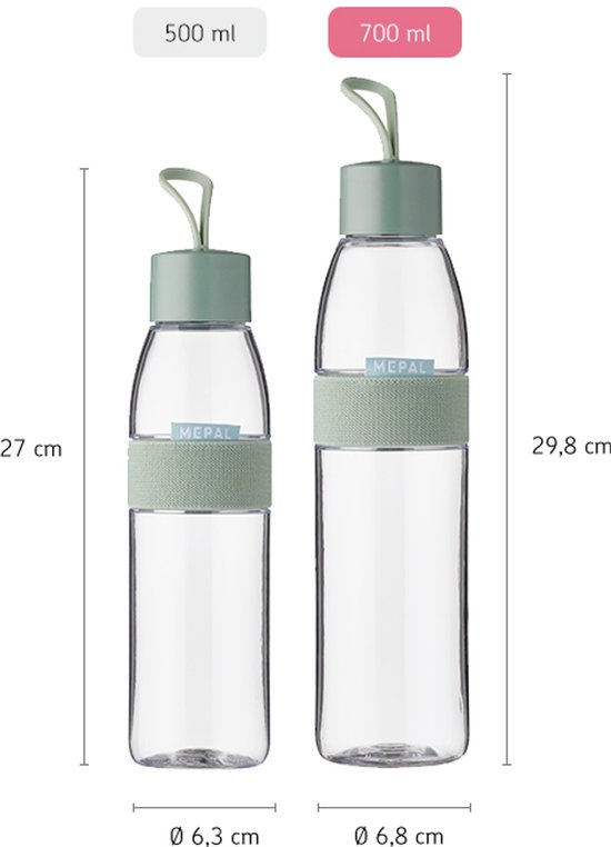Twee transparante Mepal waterflessen, 500ml en 700ml, met groene band en lus.
