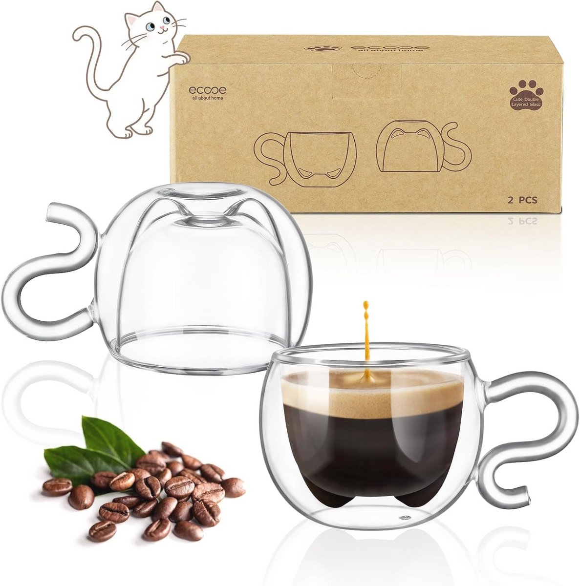 Dubbelwandige cappuccinoset van thermisch glas - Schattige kattenbeker voor kattengames