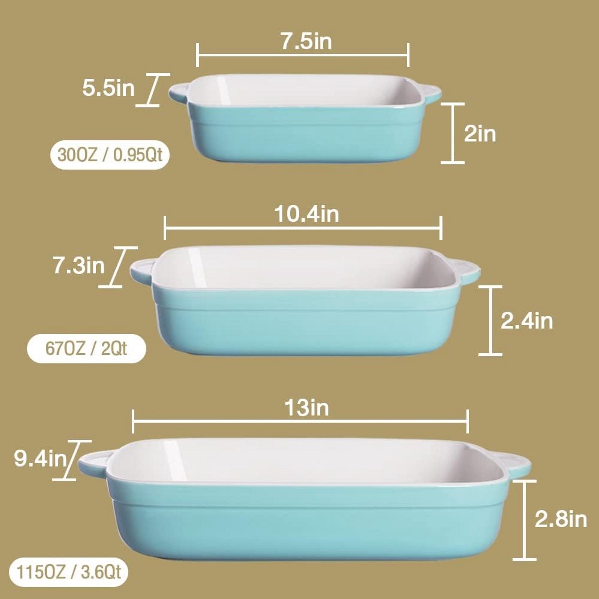 Set van 3 Rechthoekige Keramische Ovenschalen Met Handvatten - 13x9 Inch - Ideaal voor Lasagne, Ovenschotels en Cake — cadeau in Kookcadeaus - foto 4