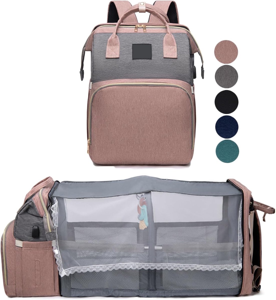 7-in-1 reisluiertas - Luiertasrugzak - Met aankleedtafel - Reisrugzak - Luiertas - Luiertas - Met USB-oplaadpoort - Multifunctionele babyluiertas - Multifunctionele reisrugzak - Roze