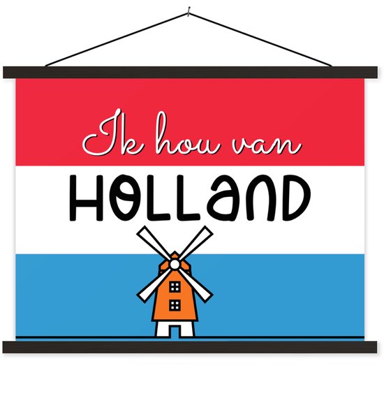 Porte-affiche avec affiche - Affiche scolaire - Drapeau - Moulin à vent - Nederland - 40x30 cm - Lattes noires