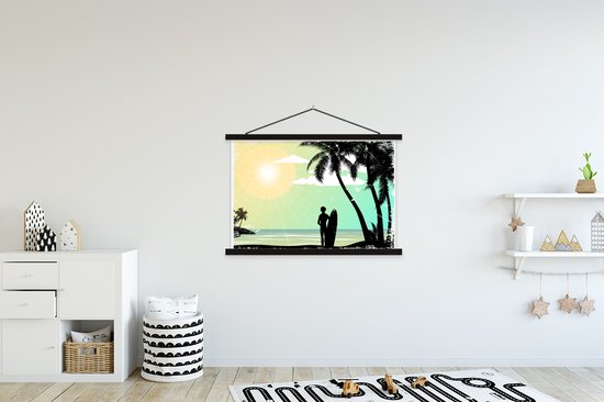 Support pour affiche avec affiche 120x80 cm - Affiche scolaire - Plage - Palmier - Soleil - Planche de surf - Affiche textile - Lattes noires