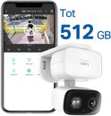 Tapo beveiligingscamera naast een smartphone met livestream. Camera is wit met zwart camerahuis.