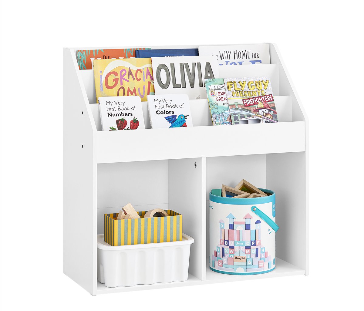 SoBuy Kinderboekenkast en Speelgoedopslag met 3 Planken en 2 Opslagcompartimenten – Wit, 68x30x68 cm, KMB01-II-W – Boekenrek en Speelgoedkast voor Kinderkamer