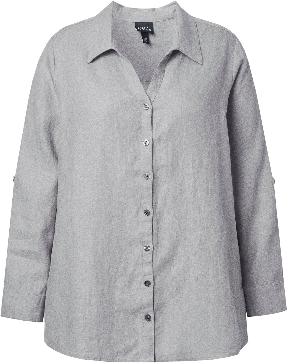 Ulla Popken - Dames - Blouse linnen open kraag lange mouwen - Lichtgrijs melange - Maat 58+