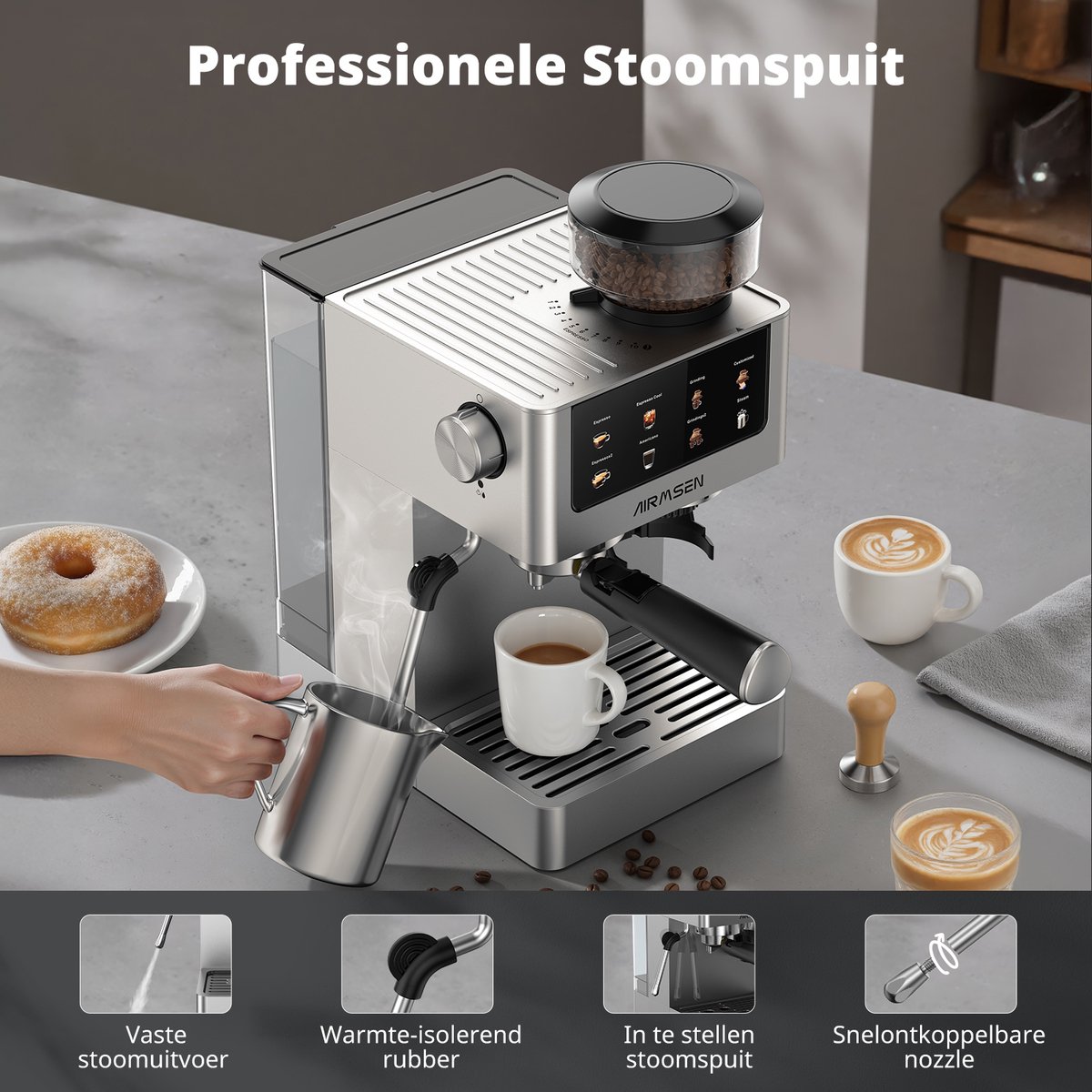 AIRMSEN Volautomatische Espressomachine - Met Bonenmaler & - afbeelding 3