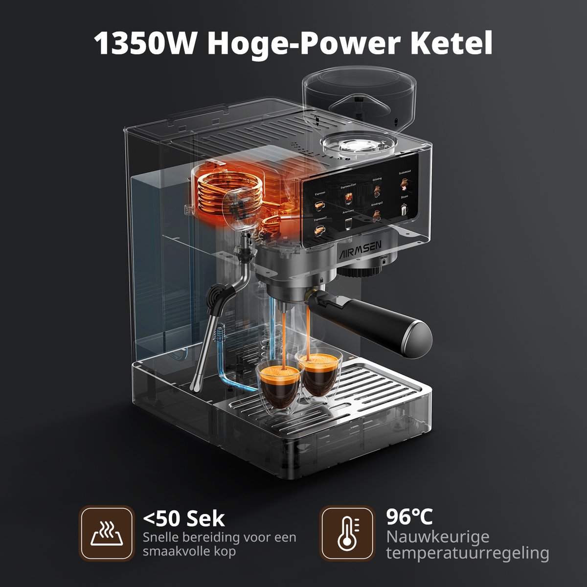 AIRMSEN Espressomachine - Met Ingebouwde Bonenmaler - 20 Bar - Stoomstaf - RVS - Touchscreen - Americano & Latte - Zilver — afbeelding 6