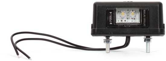 Zwarte led-kentekenlamp met twee schroefbevestigingen en zwarte draden.