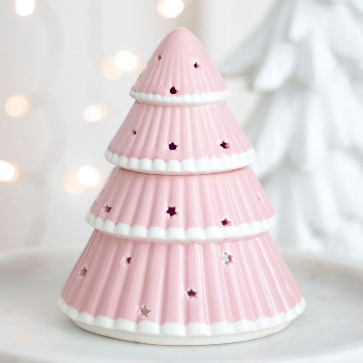 Roze Kerstboom Waxinelichthouder – Kerst Kaarsenhouder Keramiek – Moderne Pastel Kerstdecoratie – Winter Sfeerverlichting – Ook te gebruiken als Oliebrander – Kerst Ornament
