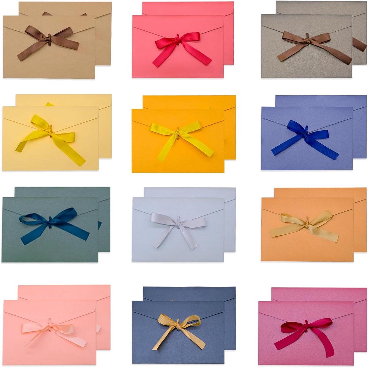 Cosensi - Kraftpapier Enveloppen 24 Stuks Kleurrijk en Blanco Vintage met linten 12,3 x 17,5 cm. Geschikt voor Feest, Cadeaukaarten, Uitnodigingen en Bedankkaarten