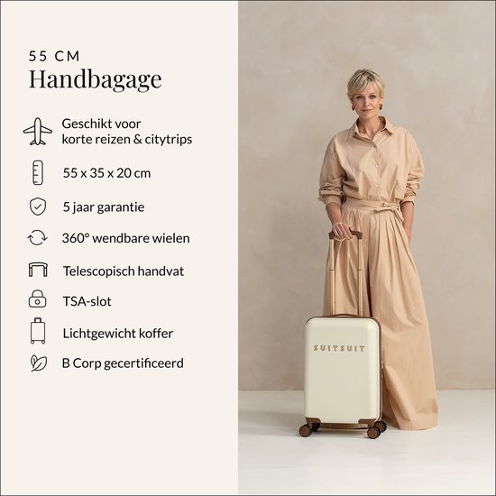 SUITSUIT Handbagage koffer 55x35x20 - Handbagage trolley - Lichtgewicht koffer - Reiskoffer - Veilig TSA cijferslot - Fab Seventies koffer Antique White - Wit
