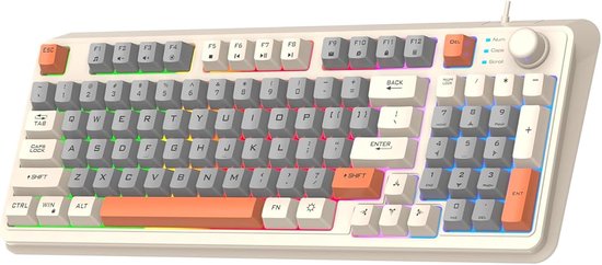 Bedraad gamingtoetsenbord met 94 mechanische toetsen, 3 verschillende kleuren, coole achtergrondverlichting, verstelbare standaard en compatibel met pc's (wit).