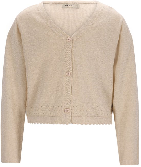 Gilet tricoté crème à col en V, trois boutons nacrés et bordure ajourée.