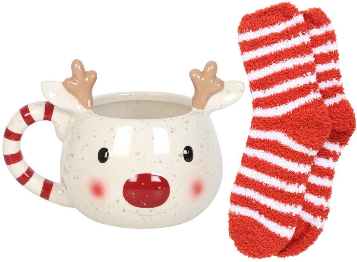 Rudolph Wintermok + Warme Sokkenset – Kerst Cadeau Set – Cozy Giftset Winter – Rudolph Mok – Warme Fluffy Sokken – Kerstmok – Cadeau voor Haar & Hem