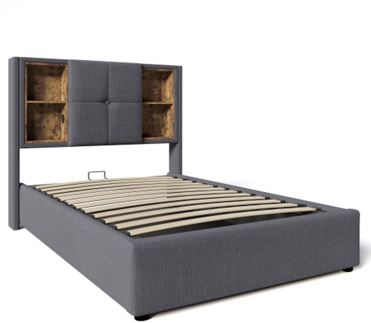 Bed 90x200Cm Zonder MatrasEenpersoonsbed Grijs Katoen Met Opbergruimte Houten Lattenbodem 