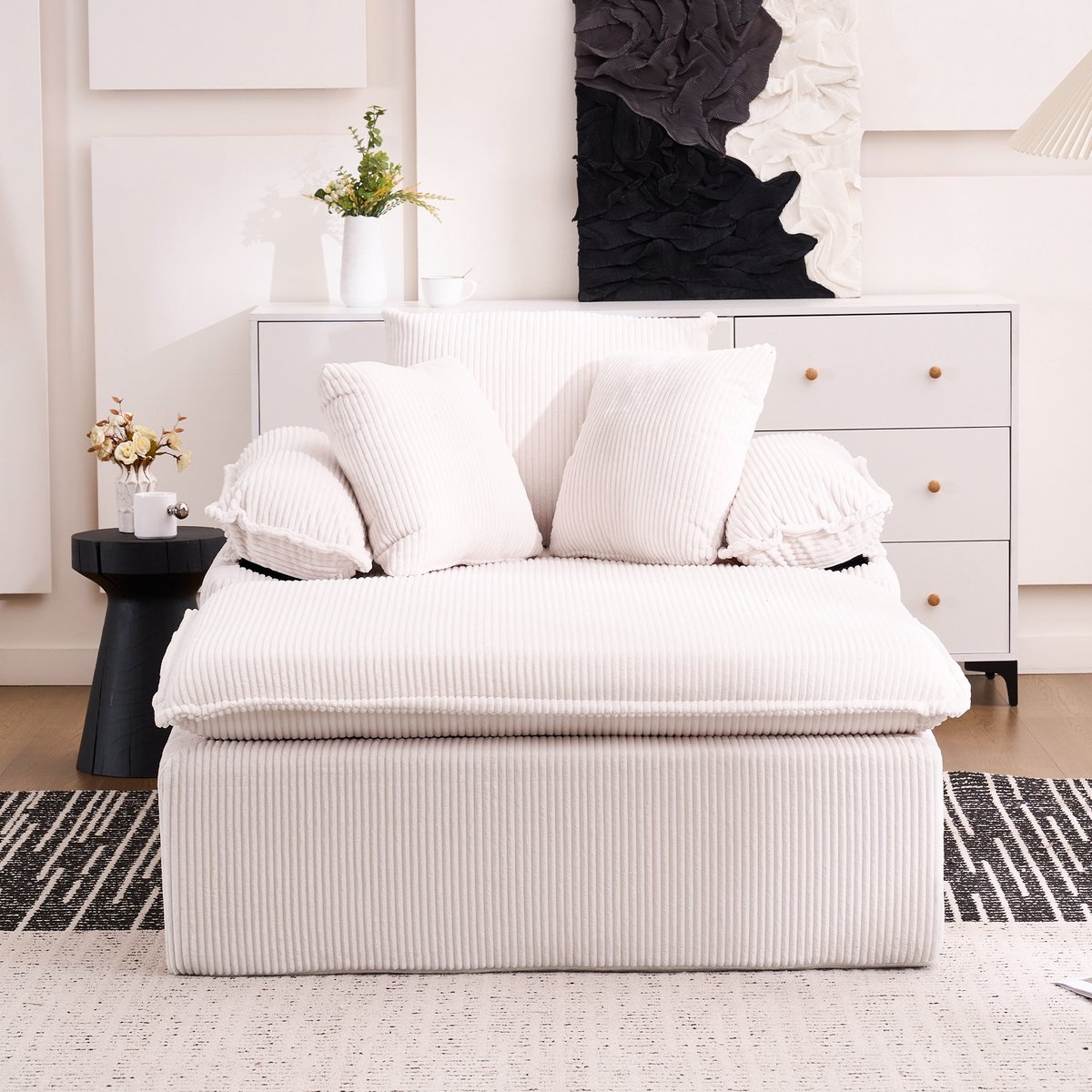 Een 46 cm hoge ligstoel/relaxfauteuil, ontworpen in een binnenhuissstijl, met een frameloos design. Een comfortabelere lees- en relaxfauteuil, uitgerust met brede armleuningen, geen montage nodig- Wit