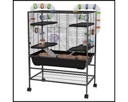 Grote hamsterkooi 109×82×46 cm – met buizen, looprad, huisje, waterfles, voerbak, platforms en ramps – 1 cm tralieafstand – zwart
