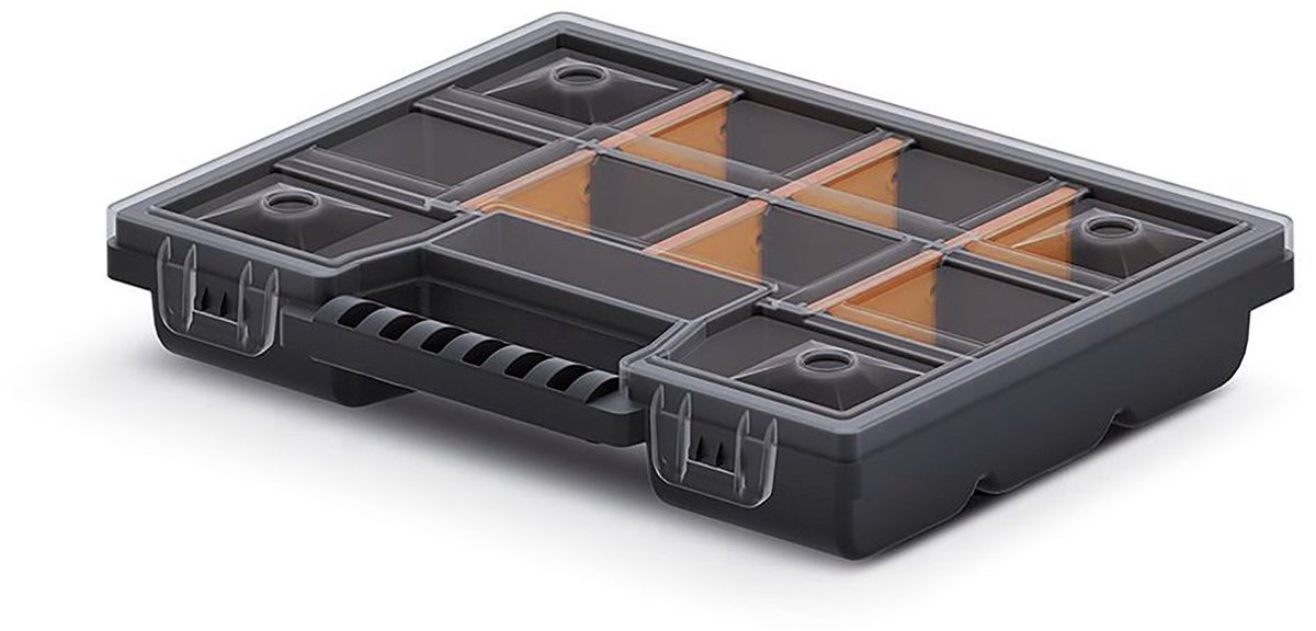 Kistenberg Sorteerbox/vakjes koffer - spijkers/schroeven/kleine spullen - 10 vaks - kunststof - zwart - 195x155x35 mm