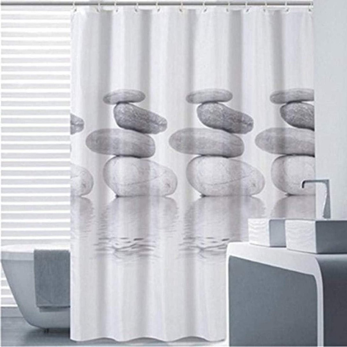 Douchegordijn van textiel 200x200 cm grijs - Pebble patroon, schimmelbestendig en waterafstotend - Inclusief 12 douchegordijnringen