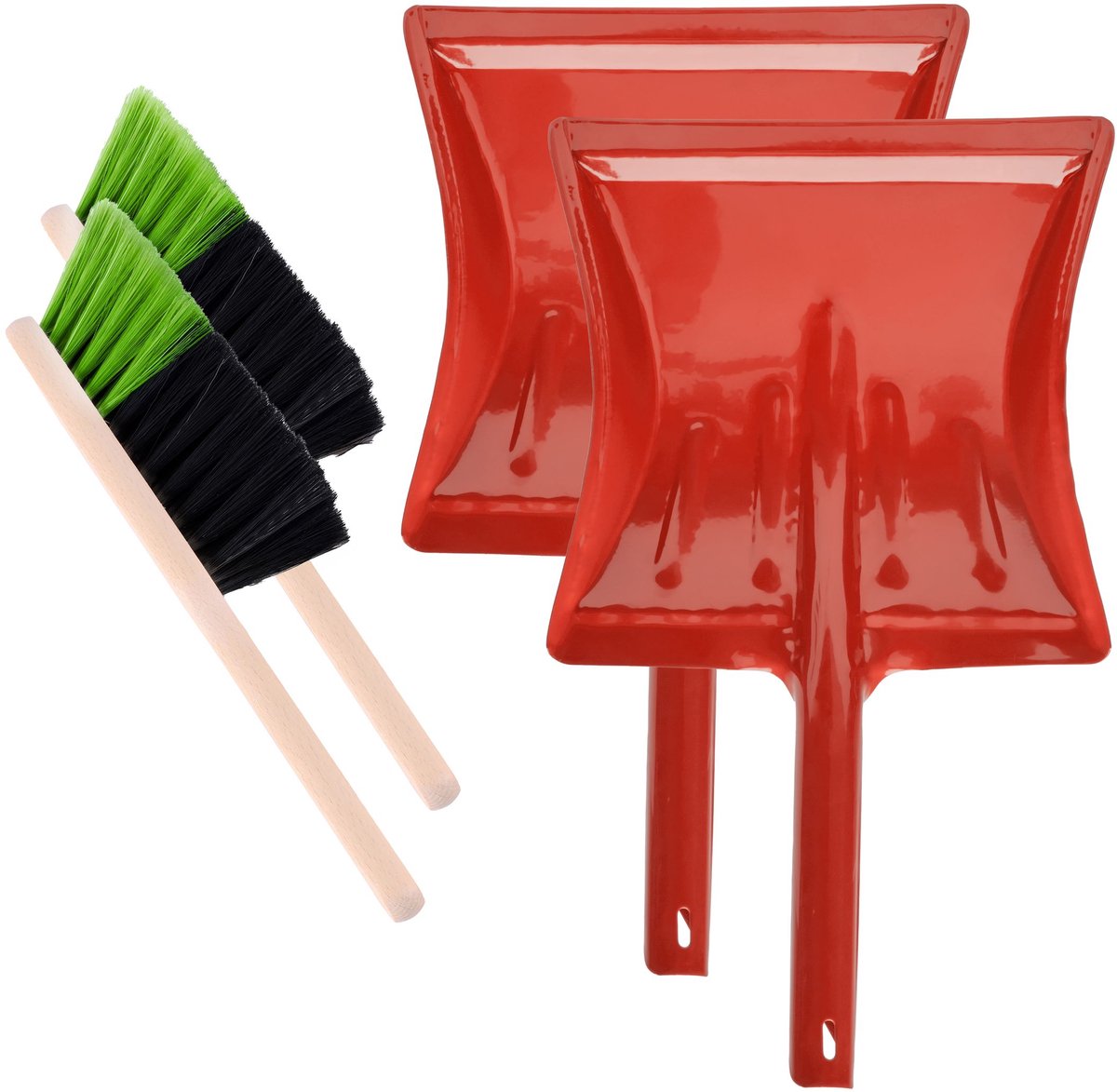 Garronda 2-delige Veegset - Metalen Stofblik met Houten Handvat - Set met Handveger - Zwart/Groen + Rood