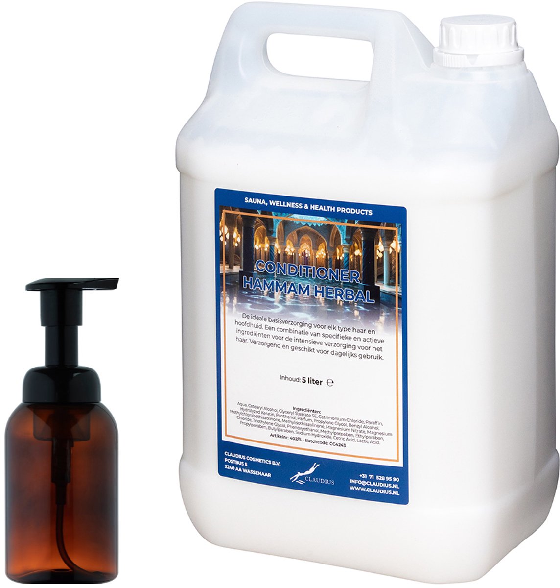 Zeepdispenser 300 ml amber bruin met pomp + Hairconditioner Hammam Herbal 5 liter