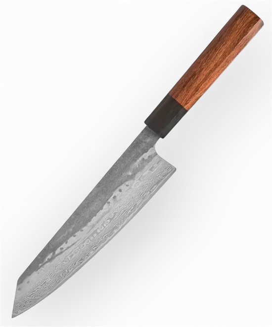 Couteau de Chef Kiritsuke Japonais Professionnel en Acier Damas 67 Couches - 22 Cm - Finition Noire - Manche en Bois de Rose et Ébène - Emballage Cadeau Luxe KAAMUT®