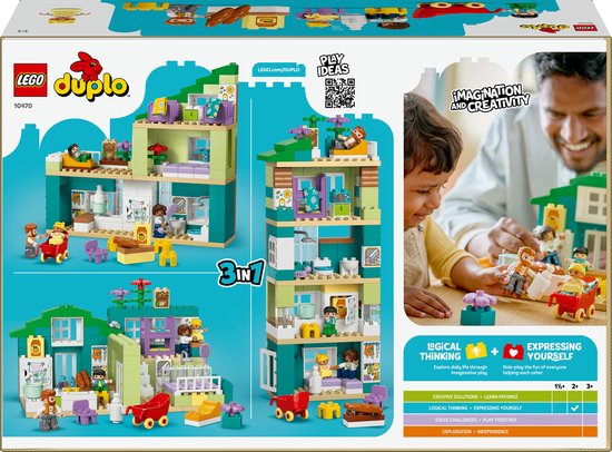 Arrière de la boîte du LEGO Duplo Maison familiale moderne 3-en-1, avec des variantes de jeu.