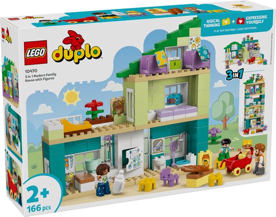 LEGO Duplo 10470 Maison familiale moderne 3-en-1 avec figurines, sur la boîte.