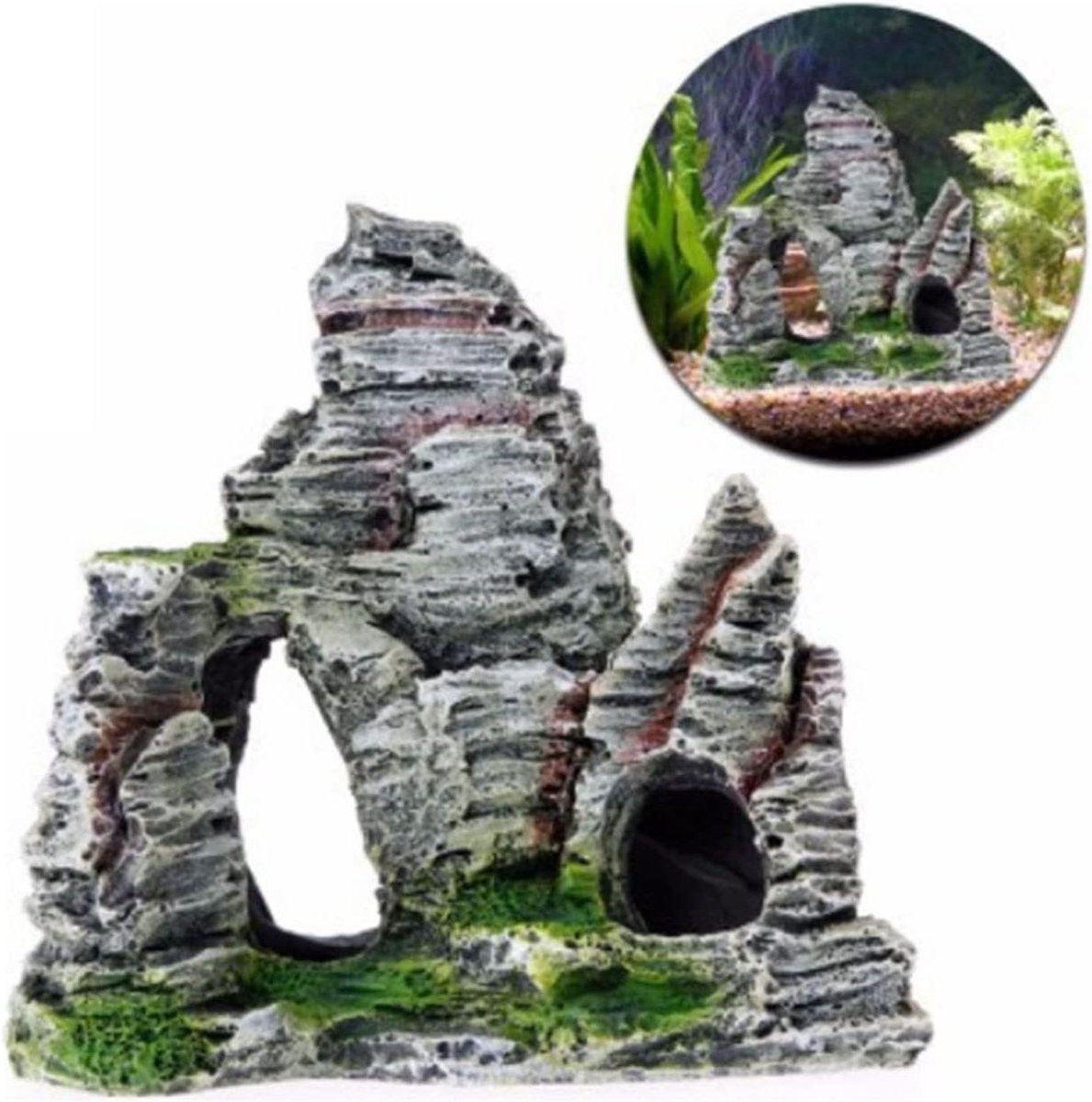 Cosensi - Aquarium rock cave decoratie met groen gras voor vissen en garnalen - Natuurlijk ogende MountainView Mosboomhuis - Rotsgrot voor aquariumdecoratie