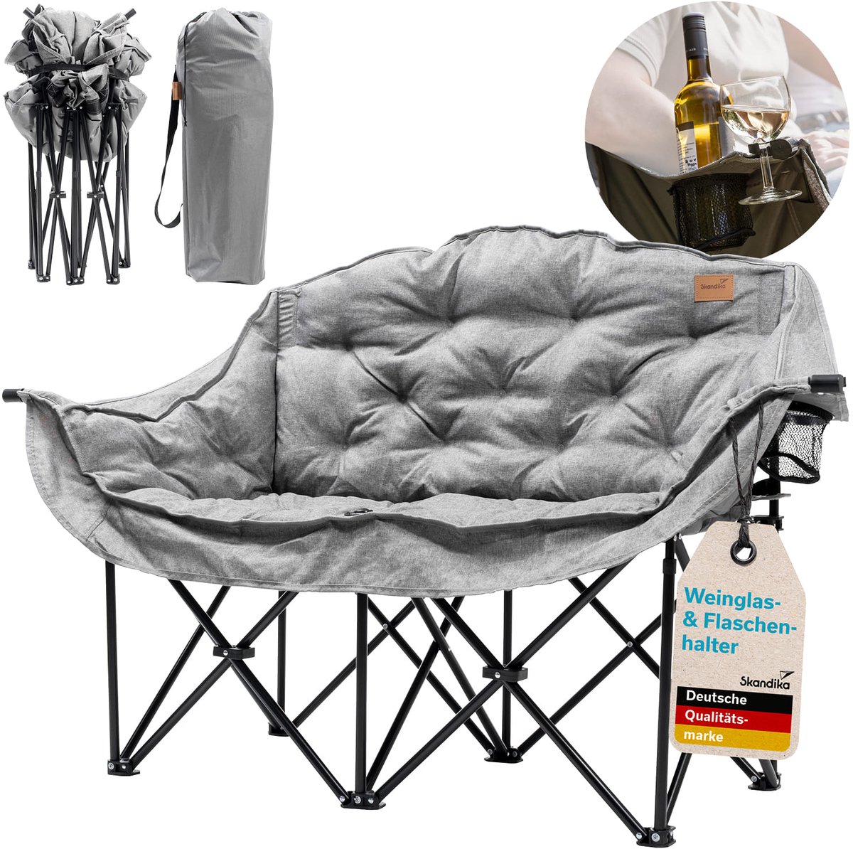 Skandika dubbele campingstoel Hygge - XL campingstoel opvouwbaar, voor 2 personen, gevoerd, belastbaar tot 300 kg, met draagtas | Dubbele campingstoel, 2-zitsbank, fauteuil, sofa, outdoor tuin balkon